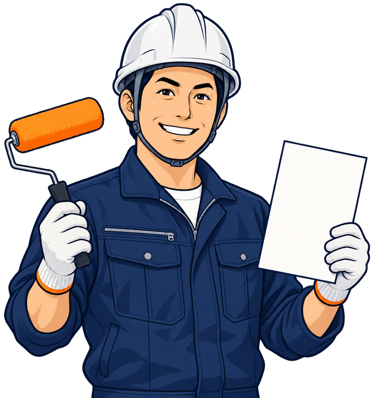 塗装ローラーとチラシを手にする塗装職人のイラスト